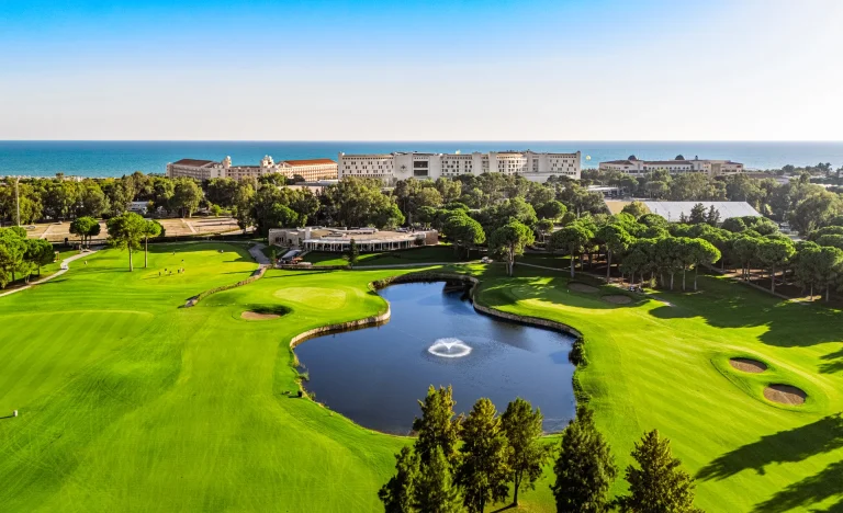 Kaya Palazzo from the air with the lake, the resort and the course