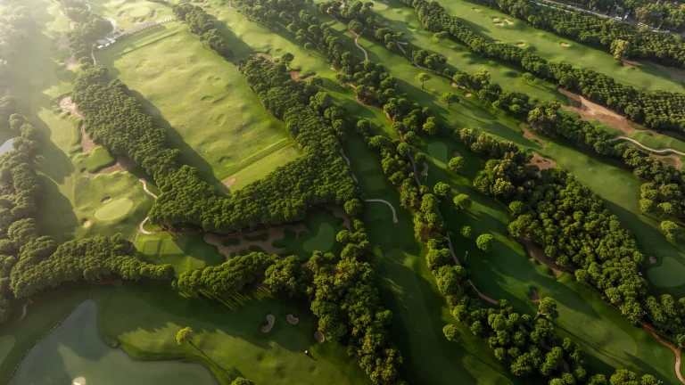 Montgomerie fairways separated by strips of pine, seen from the air